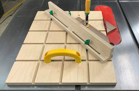 ZeroPlay Miter Bars 2-Pack With MatchFit Jig Handle installed on table saw sled, showing top-down mounting for precise alignment.