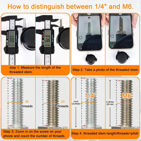 Diagram showing how to distinguish between 1/4-inch and M6 threaded stems with steps involving measurement and thread count.