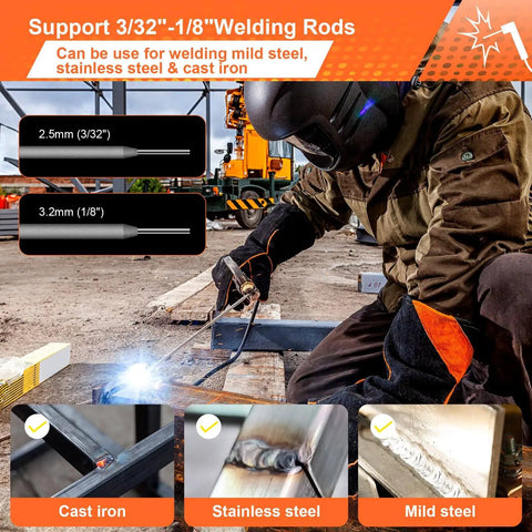 Person using 200 Amp Stick Welder 110V Portable Inverter with synergic control and digital display for on-site metal fabrication