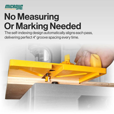 MatchFit Grid Routing Guide Kit For Dovetail Clamping Tracks, showing self indexing router jig in use on wood panel