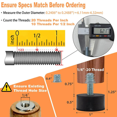 Measurement guide for 1/4-20 Rubber Adjustable Furniture Levelers, Eight Pack Leveling Feet Screws for Threaded Furniture Legs