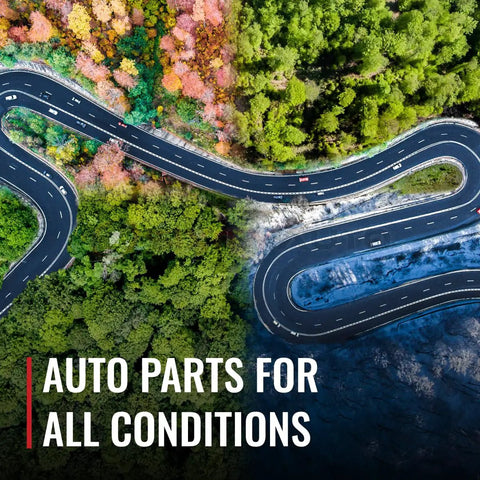 Aerial view of winding road through colorful forest, text overlay 'Auto Parts for All Conditions'
