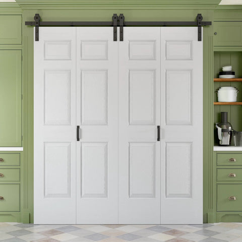 Paintable Bifold Barn Door 48 By 84 Inches No Assembly Required 6 Panel Bi Fold Sliding Closet Doors With Hardware Kit Included 52 Inch Track Kit For Four Doors Pre Drilled Holes White Finish Space Saving Easy Install closed view