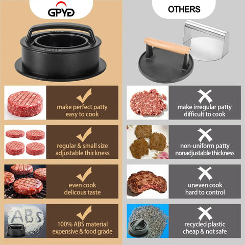 Comparison chart of 3 In 1 Nonstick Burger Press For Stuffed Patties, Sliders And Regular Burgers with other press, highlighting benefits.