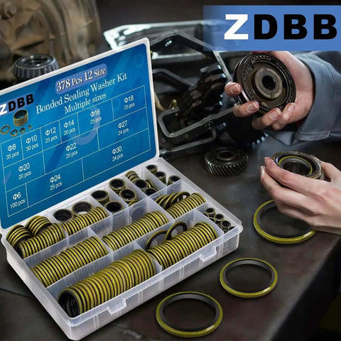 Bonded Sealing Washer Kit 378 Pcs With 12 Sizes Self Centering Automotive AC Seal Metal Rubber Gasket Repair Set organized in box