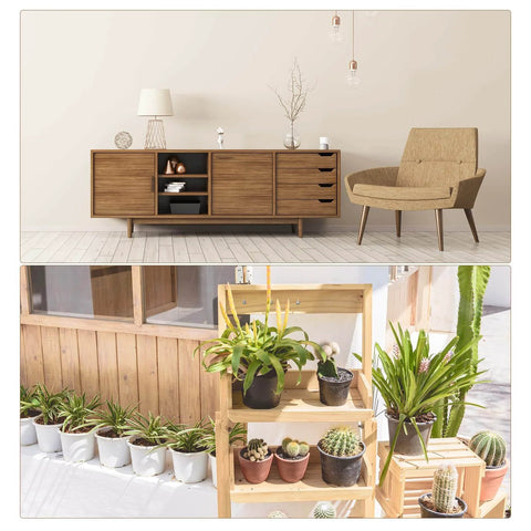 Modern living room with wooden sideboard, beige chair, and decor; outdoor wooden plant stand with various potted plants.