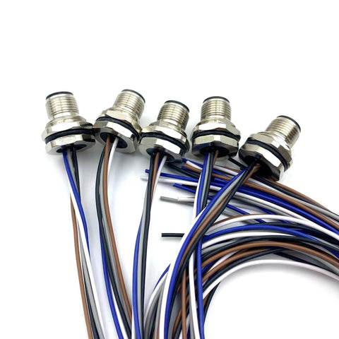 M12 5 Pin A Coded Front Mount Male Connector Cable IP67 waterproof, unshielded, straight aviation socket panel mount, 0.5m, 5-pack
