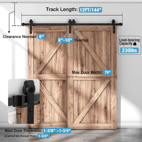 12Ft Single Track Bypass Sliding Barn Door Hardware Kit For Double Doors With Flat Track Rollers, Low Ceiling J Shape Hangers
