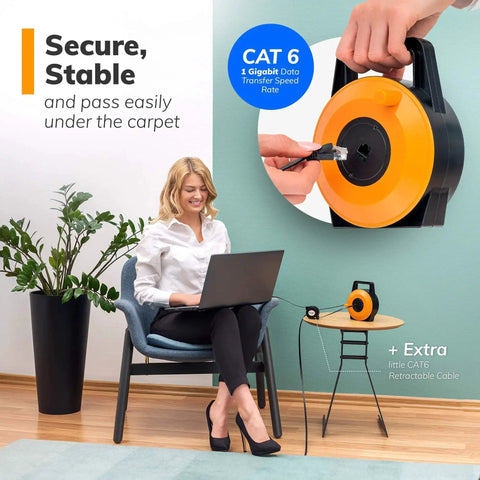 Woman using laptop with Flat Retractable CAT6 Ethernet Cable Extender, 50 Feet UTP Reel, shown in use, offering quick setup.