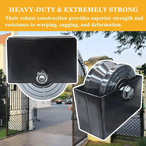 Two Pack 4 Inch V Groove Gate Wheel With Bracket Built For Extreme Load Capacity Up To 6600 Lbs shown near gate in outdoor setting