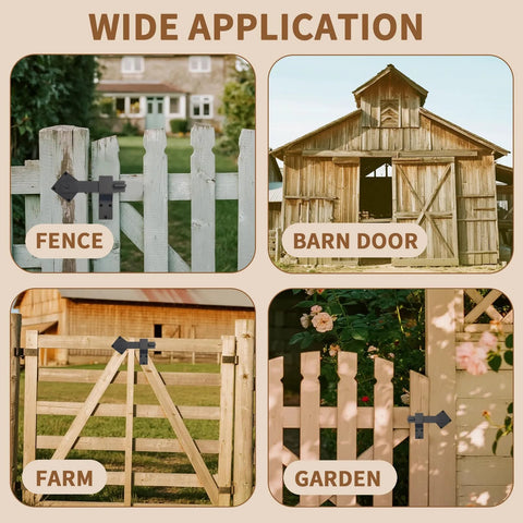 Collage showing 6 Inch Barn Door Flip Latch Lock Heavy Duty Gate Latch for fence, barn door, farm, and garden applications.
