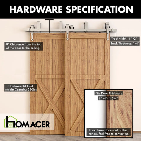 Brushed Nickel Double Track Bypass Sliding Barn Door Hardware Kit For Two Doors 6.6ft Flat Track U Shape with Arrow Rollers installed