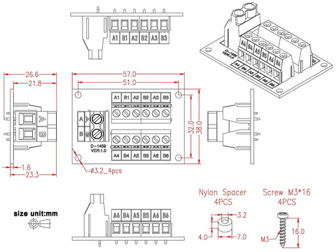 Technical diagram of 30 Amp 48V 2 By 6 Position Screw Terminal Block Distribution Module For Easy Install, A And B Blocks, 7.62mm Pitch