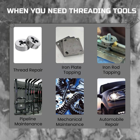 Diagram showing uses for threading tools: thread repair, iron plate tapping, iron rod tapping, pipeline maintenance, mechanical maintenance, automobile repair.