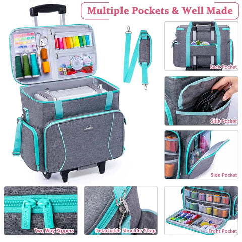 Rolling Sewing Machine Case With Wheels And Detachable Wheel Frame, Trolley Tote displaying pockets and shoulder strap