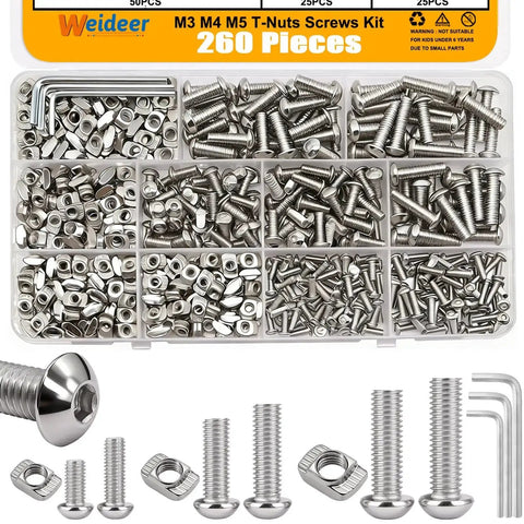260 Piece T Nuts And Screws Kit For M-LOK And 2020 Aluminum Profiles, includes M3, M4, M5 T-nuts and hex wrenches.