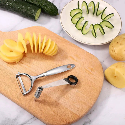 Vegetable Spiral Cutter Set With Crinkle Fry Cutter Waffle Slicer Knife And Peeler Stainless Steel Kitchen Gadgets For Potatoes