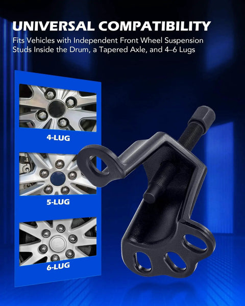 Front Wheel Hub Puller Flange Type Tool For 3-3/4 To 4-1/2 Inch Hub IDs shown with 4-lug, 5-lug, and 6-lug compatibility.