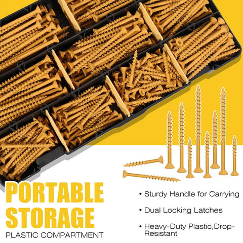Exterior Wood Screws Kit With Four Hundred Pieces In Five Sizes For Decks And Fences displayed in a black plastic case.