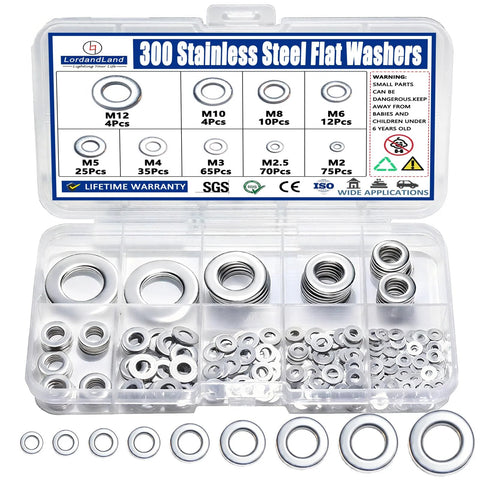 300Pcs stainless steel flat washers by Amazon, 304 stainless, assorted M2–M12 in clear storage box