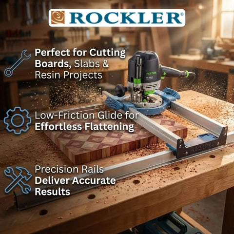 Board Slab Flattening Jig For Router Sled System Easy To Use Durable Tabletop Jig For Wooden Slabs End Grain Boards And Resin Projects Fits Most Woodworking Routers Perfect For Benchtop Setups No Fuss All Day Use in action on a workbench.