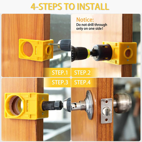 4-step installation process using Door Lock Installation Kit For Wooden Doors One And Three Eighths Inch To One And Three Quarters Inch Hole Saw Set With Guide Template Jig And Pilot Bits For Precise Hole Drilling And Easy Door Hardware Installation