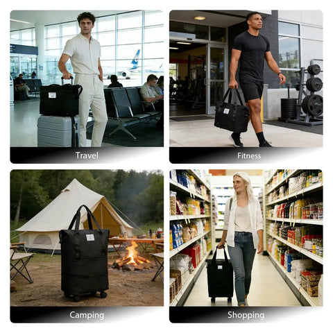 Expandable Rolling Duffle Bag With Wheels 22 To 42 Liter Capacity used for travel, fitness, camping, and shopping in various settings.