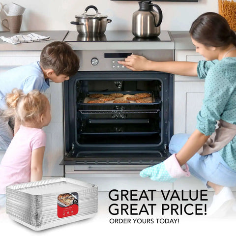 Family baking cookies using Aluminum Foil Trays 15 Pack Disposable Bakeware 16 Inch By 11 Inch Nonstick Reusable Cookie Sheets.