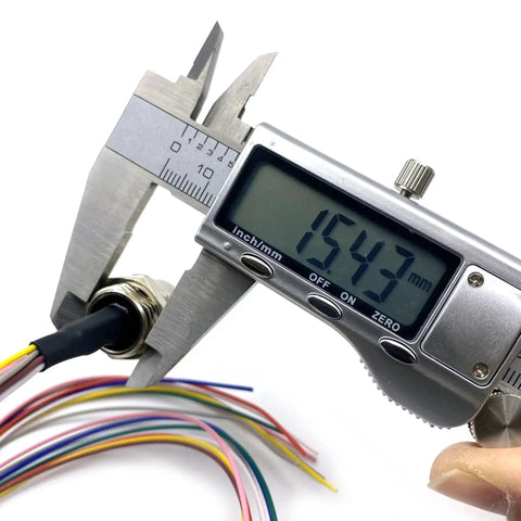 M12 8 Pin A Code Female Connector Cable Plug And Play Ready IP67 Waterproof being measured by caliper next to colored wires