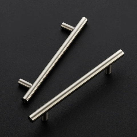 Two stainless steel cupboard handles with a brushed nickel finish, part of the 30 Pack Brushed Nickel Cabinet Pulls 7-3/8 Inch Total Length.