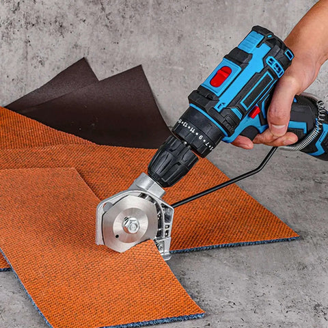 Person using a stainless steel drill attachment for sheet metal cutting and DIY craft projects, converting a drill into a metal cutter.