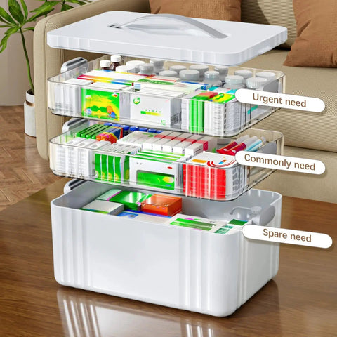 Three Tier Portable Medicine Organizer Cabinet With Detachable Transparent Trays And Sturdy Plastic Handle Perfect For Grab And Go Everyday Use