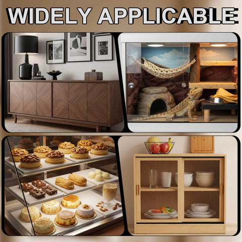 Collage of furniture, terrarium, dessert display case, and kitchen cabinet with text 'Widely Applicable'