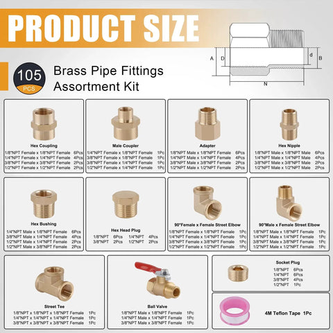 105 Piece Brass Pipe Fittings Set With NPT Adapters, Hex Nipples, Couplings, Elbows, Tees, Ball Valve, Plugs, Socket Plugs, Home Improvement Kit