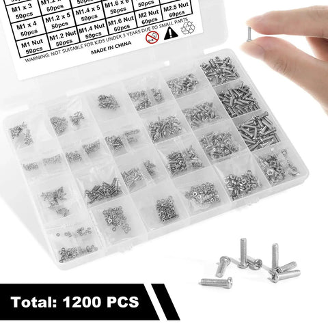 Ultra Tiny Screw Nuts Set Kit 1200Pcs Stainless Steel 304 Micro Screws M1 To M2.5 Phillips Pan Head in plastic box