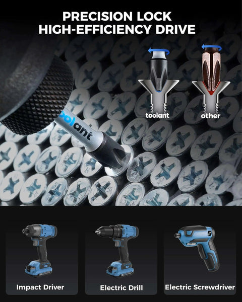 Close-up of Toolant impact driver on screws with precision lock, comparison with other tip designs, and tool icons below.