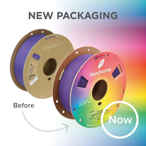 Panchroma Matte PLA Filament Charcoal Black 1.75mm 1kg For FDM Printers, new colorful packaging versus old packaging.