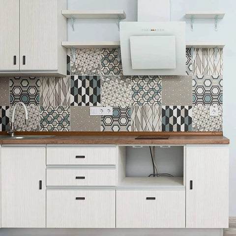Modern kitchen with patterned backsplash, white cabinets, and 10 Pack Black Square Bar Cabinet Knobs 2 Inch Matte Black Single Hole Kitchen Cabinet Pulls.