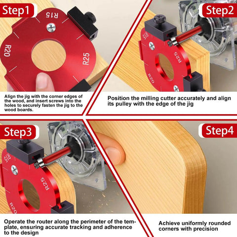 Pro Grade Router Templates And Jigs For Woodworking With Edge Guide And Corner Radius Templates For Routers R10 Through R50 In Aluminum Alloy Set, illustrating step-by-step usage on wood corner.