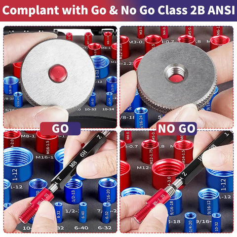 48 Piece Nut And Bolt Thread Checker Kit With Handy Tool Box For Comprehensive Bolt Size And Thread Gauge showing Go and No Go gauges.