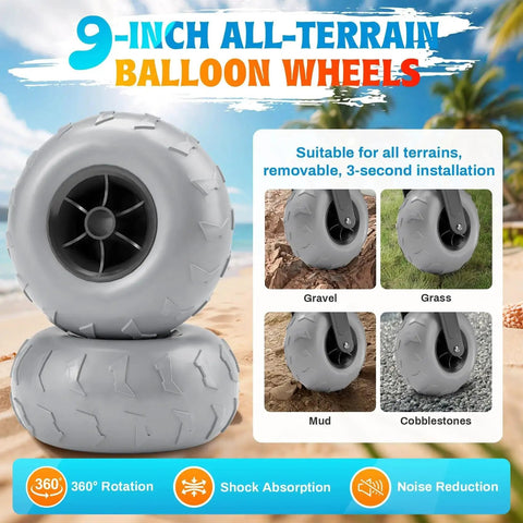Inflatable Beach Wagon Tires With Quick Change Design, 9 Inch All Terrain Balloon Wheels For Front Tire shown on sand