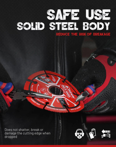 Close-up of a gloved hand holding a 4.5-inch solid steel cutting wheel with safety features, emphasizing durability.
