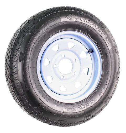 2 Pack ST175 80R13 Trailer Tire Rim Assembly With 13 Inch White Spoke Wheel, 5 Lug On 4.5 Inch Hub, Radial Tire, 50 PSI, 1360 Lb Load