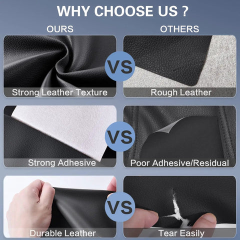 Comparison image showing features of Self Adhesive Leather Repair Patch Kit In Black 4x79 Inch Tape against inferior leather types.