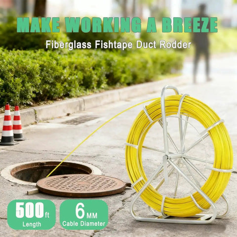 6mm By 500ft Fiberglass Duct Rodder For Conduit Installations, Heavy Duty Electrical Fish Tape Cable Puller with Steel Reel Stand