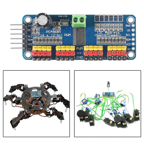 Four Pack PCA9685 16 Channel 12 Bit PWM Servo Driver Board for I2C Interface with robotics applications shown