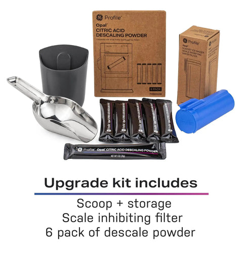 GE Profile Opal Nugget Ice Maker upgrade kit with stainless scoop, descaling powder packets, filter, blue storage cartridge