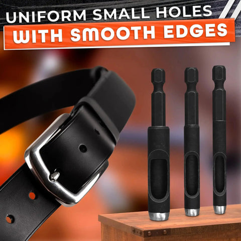 Hole Punch Kit For Leather Belts And Crafts Six Sizes Carbon Steel Punches showing leather belt and punches.