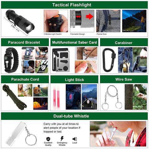Tactical flashlight, paracord bracelet, saber card, and carabiner from Beast 142 In 1 First Aid Kit With Molle Pouch For Camping Hiking.