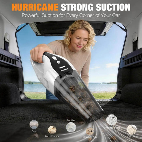 Woman using a Powerful Cordless Handheld Vacuum For Car And Home With Brushless Motor And Beast Suction Rechargeable Portable Cleaner.